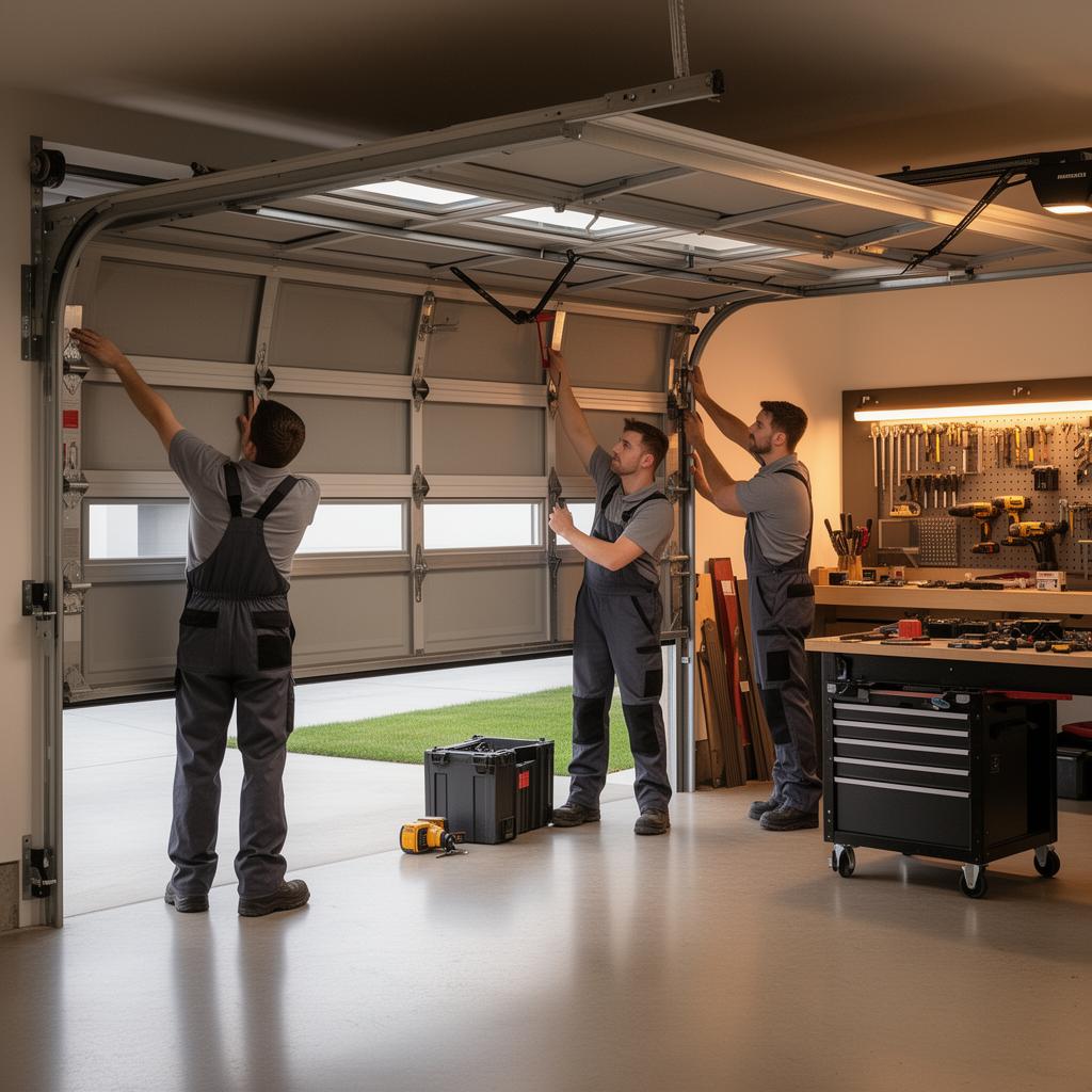 Garage door technicians at work